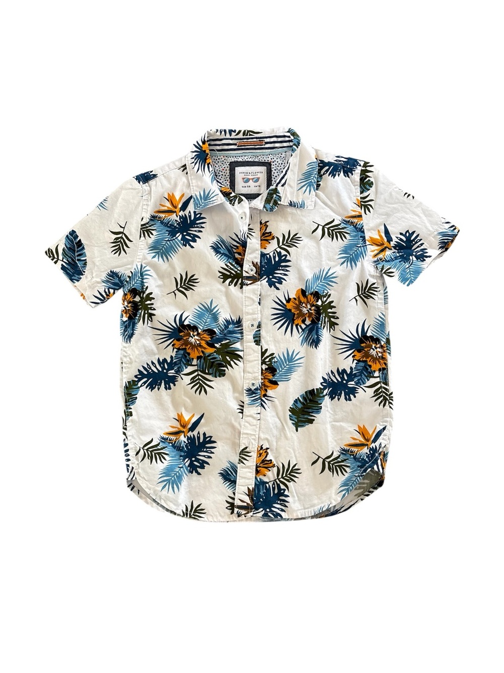 Boys' Button-Down Tropical Shirt - White with Blue & Yellow Floral
